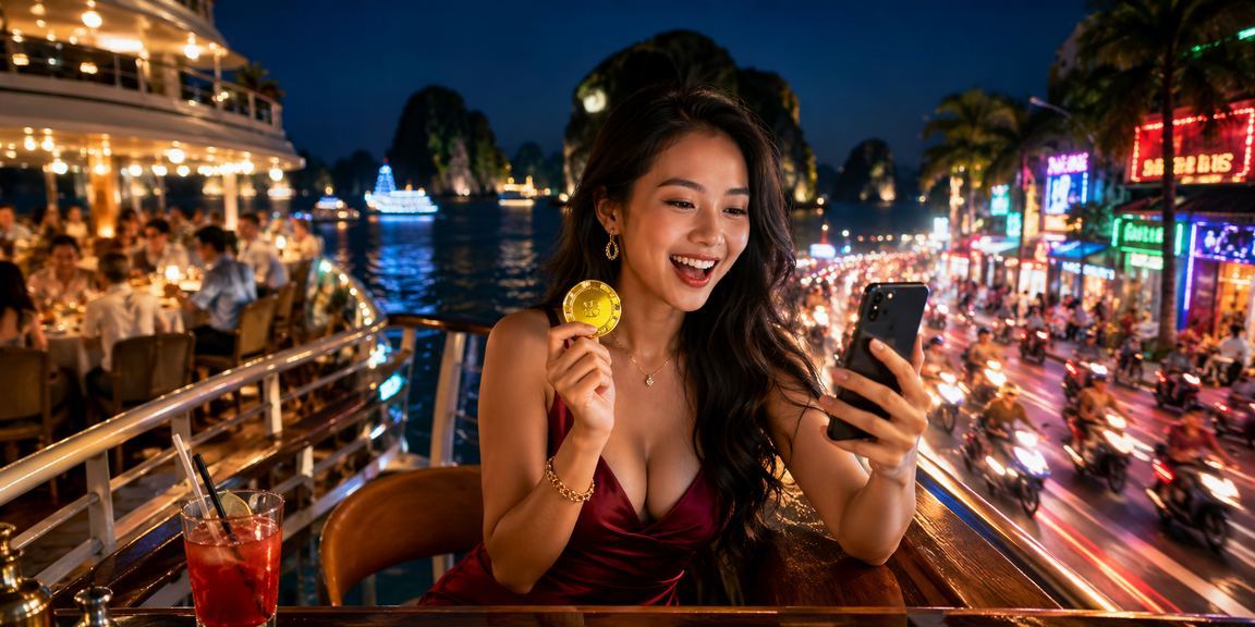 Khung cảnh hiện đại tại vịnh Hạ Long với ánh đèn neon đặc trưng